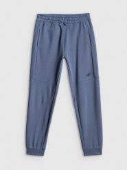 4F Spodnie dresowe joggery chłopięce - niebieskie 134 (8-9 lat). Niebieskie spodnie sportowe dla chłopców 4f, bez wzorów, z dresówki, do biegania. Za 99.99 zł.