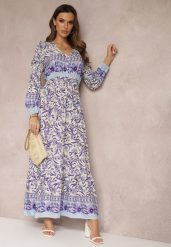 Fioletowo-Beżowa Sukienka Maxi w Kwiaty z Wiskozy Vellu. Fioletowe sukienki damskie Renee, l, z aplikacjami, z wiskozy, boho, bez kołnierzyka, bez ramiączek, maxi, rozkloszowane. Za 69.99 zł.