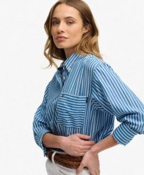 Superdry Koszula Poplin Relaxed damska z długim rękawem z bawełny organicznej. Niebieskie koszule damskie Superdry., bez wzorów, z bawełny, klasyczne, bez kołnierzyka, bez ramiączek. Za 296.85 zł.