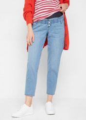 Jeansy ciążowe z bawełny ze stretchem i zwężanymi nogawkami. Niebieskie jeansy damskie bonprix, moda ciążowa. Za 179.99 zł.