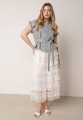 Jasnoniebieski Komplet z Bawełny i Wiskozy Spódnica z Falbanami i Koszula Bez Rękawów Callirane. Niebieskie spódnice damskie Born2be, m, bez wzorów, z bawełny, eleganckie, koszulowe. Za 309.99 zł.