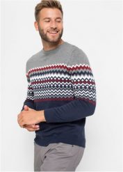 Sweter w norweski wzór, z bawełną. Szare swetry przez głowę męskie bonprix, l, bez wzorów, z bawełny, bez kołnierzyka. Za 127.99 zł.