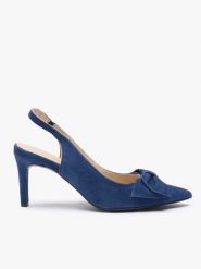 Granatowe czółenka bez pięty slingback z kokardą. Niebieskie czółenka damskie Ryłko, bez wzorów, z gumy, eleganckie, bez obcasa, na obcasie, bez zapięcia. Za 399.99 zł.