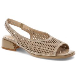 Sandały damskie S.Barski, skóra naturalna ażurowa cholewka fason slingback elastyczny pasek niski stabilny obcas delikatne zdobienia lekka konstrukcj. Brązowe paski damskie S.BARSKI, z aplikacjami, ze skóry. Za 289.00 zł.