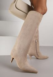 Ciemnobeżowe Kozaki na Kaczuszce z Elegancką Cholewką do Kolana Tesema. Brązowe kozaki damskie Renee, z jeansu, bez obcasa, na obcasie. Za 189.99 zł.