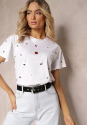 Biały T-shirt z Cyrkoniami w Różnych Kolorach Varcia. Białe bluzki damskie Renee, m, bez wzorów, z jeansu, eleganckie, bez kołnierzyka. Za 39.99 zł.