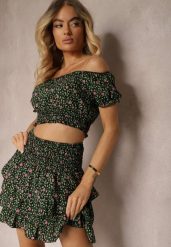 Czarno-Zielony Komplet w Kwiaty Bluzka Hiszpanka Spódnica z Falbankami i Gumką w Talii Ristelle. Czarne bluzki damskie Renee, na lato, m, bez wzorów. Za 39.99 zł.