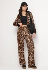 Brązowy Komplet Dresowy w Panterkę Bluza ze Ściągaczami i Szerokie Spodnie Sonaniela. Brązowe bluzy damskie Born2be, m, bez wzorów, z dresówki. Za 84.99 zł.