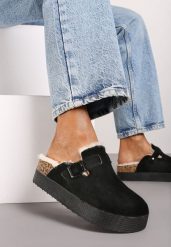 Czarne Klapki na Platformie Ozdobione Klamrą i Futerkiem Lasandra. Czarne klapki damskie Renee, bez wzorów, z jeansu, eleganckie, bez obcasa, na platformie. Za 69.99 zł.