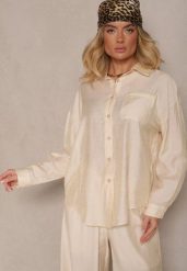 Jasnobeżowa Koszula Oversize w Klasycznym Stylu z Kieszonką Liozira. Brązowe bluzki damskie Renee, l, bez wzorów, biznesowe, bez kołnierzyka, bez ramiączek. Za 84.99 zł.