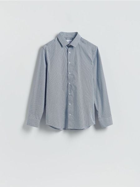 Koszula slim fit w drobny wzór - granatowy. Niebieskie koszule męskie Reserved, l, bez wzorów, z bawełny, bez kołnierzyka, bez ramiączek. Za 129.99 zł.
