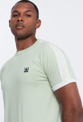 Ombre T-shirt męski bawełniany z kontrastującymi wstawkami - jasnomiętowy V9 S1632 XL. Zielone t-shirty męskie Ombre, m, bez wzorów, z bawełny, bez kołnierzyka. Za 29.99 zł.