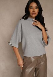 Szary Sweter z Cyrkoniami przy Rękawach Corentusa. Szare swetry damskie Renee, m, z aplikacjami, z jeansu, casualowe, bez kołnierzyka, bez ramiączek, bez kaptura. Za 79.99 zł.