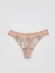 Majtki typu stringi z haftem - beżowy. Brązowe stringi damskie Reserved, l, bez wzorów. Za 49.99 zł.