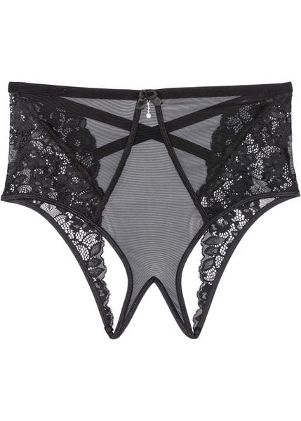 Figi ouvert z wysoką talią. Czarne figi damskie bonprix, bez wzorów, z koronki. Za 64.99 zł.