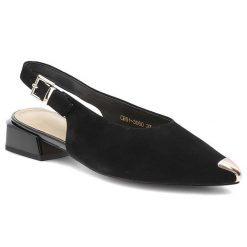 Czółenka damskie S.Barski, cholewka ze skóry naturalnej zamszowej elegancki fason slingback niski stabilny obcas, czarne, CR61-3050. Czarne czółenka damskie S.BARSKI, bez wzorów, ze skóry, eleganckie, bez obcasa, na obcasie, bez zapięcia. Za 289.00 zł.
