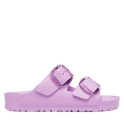 Klapki Birkenstock. Fioletowe klapki damskie Birkenstock, bez wzorów, bez obcasa. Za 279.99 zł.