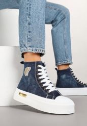 Granatowe Trampki na Platformie z Wysoką Cholewką z Haftem z Brokatem Elanitha. Niebieskie trampki i tenisówki damskie Renee, z aplikacjami, z jeansu, eleganckie, przed kolano, bez zapięcia. Za 99.99 zł.
