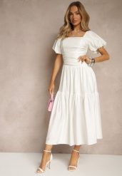 Biała Sukienka Wiskozowa Drapowana z Rozkloszowanym Dołem Naprine. Białe sukienki damskie Renee, na co dzień, l, bez wzorów, z wiskozy, eleganckie, bez kołnierzyka, bez ramiączek, midi, rozkloszowane. Za 109.99 zł.
