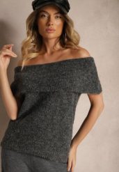 Ciemnoszary Sweter Top z Hiszpańskim Wywijanym Dekoltem z Wełną Inarose. Szare swetry damskie Renee, m, bez wzorów, z wełny, casualowe, bez kołnierzyka, bez ramiączek, bez kaptura. Za 89.99 zł.