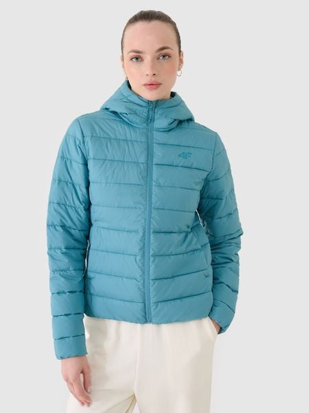 4F Kurtka puchowa z wypełnieniem z recyklingu damska - turkusowa L. Niebieskie kurtki damskie 4f, l, bez wzorów, z dzianiny, z kapturem. W wyprzedaży za 249.99 zł.