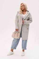 Dzianinowy płaszcz z kapturem Noor zapinany na guziki z kokosa PLUS SIZE XXL OVERSIZE. Szare płaszcze damskie Moda Size Plus Iwanek, na jesień, plus size, bez wzorów, z dzianiny, eleganckie, plus size, krótkie, z kapturem. Za 329.90 zł.