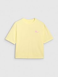 4F T-shirt oversize z nadrukiem damski - żółty XS. Żółte koszulki sportowe damskie 4f, uniwersalny, bez wzorów, z bawełny, bez kołnierzyka, bez ramiączek. W wyprzedaży za 49.99 zł.