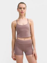 4F Crop top do jogi i pilatesu z materiałów z recyklingu damski L. Brązowe koszulki sportowe damskie 4f, l, bez wzorów, z materiału, bez kołnierzyka, bez ramiączek, na jogę i pilates. W wyprzedaży za 29.99 zł.
