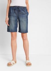 Lekkie bermudy z denimu z lnem. Niebieskie szorty damskie bonprix, bez wzorów, z denimu. Za 99.99 zł.