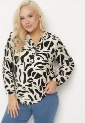 Jasnobeżowa Koszula z Wiskozą Zdobiona Geometrycznym Wzorem Melivis. Brązowe bluzki damskie Born2be, plus size, z aplikacjami, z jeansu, eleganckie, bez kołnierzyka, plus size, bez ramiączek. Za 69.99 zł.