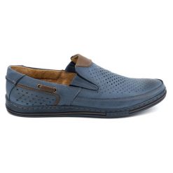 Polbut Buty męskie skórzane 09 na lato Granatowe z brązem niebieskie. Niebieskie mokasyny męskie na lato, z gumy, klasyczne. Za 319.69 zł.