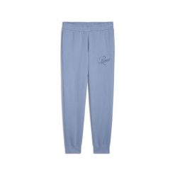 Damskie spodnie dresowe Essentials Script PUMA Cool Blue. Niebieskie spodnie dresowe damskie Puma, bez wzorów, z dresówki, do biegania. Za 219.00 zł.