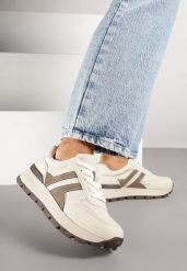 Beżowe Sneakersy z Ozdobnymi Przeszyciami Alentia. Brązowe obuwie sportowe damskie Born2be, bez wzorów, z jeansu, trekkingowe. Za 129.99 zł.