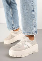 Beżowe Sneakersy w Stylu Tenisówek na Platformie z Tłoczeniami Ozdobione Wężowym Printem Firreis. Brązowe obuwie sportowe damskie Born2be, bez wzorów, z jeansu, tenisowe. Za 84.99 zł.