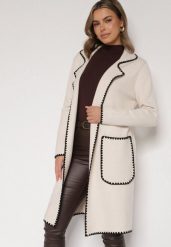 Beżowy Kardigan Ozdobiony Lamówką Tusbena. Brązowe kardigany damskie Born2be, bez wzorów, z jeansu, eleganckie, bez kołnierzyka, bez ramiączek, bez kaptura. Za 139.99 zł.