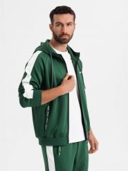 Męskie komplet dresowy oldschool bluza rozpinana z kapturem + spodnie joggery - ciemnozielony V7 - Rozmiar: M. Zielone bluzy męskie Ombre Clothing, m, z aplikacjami, z dresówki, bez kaptura. Za 379.99 zł.