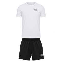 Zestaw koszulka + spodenki EA7 Emporio Armani Ventus7 Travel. Białe koszulki sportowe męskie EA7, s, bez wzorów, z elastanu, bez kołnierzyka, bez ramiączek, na fitness i siłownię. Za 399.99 zł.