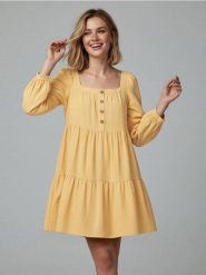 Rozkloszowana sukienka mini z dekoltem karo i guzikami z przodu - żółty. Żółte sukienki damskie Sinsay, l, bez wzorów, bez kołnierzyka, bez ramiączek, mini, rozkloszowane. W wyprzedaży za 17.99 zł.