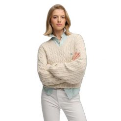 Damski oversize sweter z dekoltem w kształcie V Superdry. Brązowe swetry damskie Superdry., na zimę, bez wzorów, eleganckie, bez kołnierzyka, bez ramiączek, bez kaptura. Za 284.00 zł.