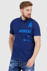 ARMANI EXCHANGE Granatowa koszulka polo z nadrukiem. Niebieskie koszulki polo męskie Armani Exchange, m, bez wzorów, bez ramiączek. W wyprzedaży za 259.99 zł.