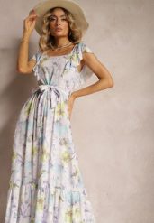 Jasnofioletowa Kwiecista Sukienka z Wiskozy z Falbanką na Ramiączkach z Materiałowym Paskiem Nuclemia. Fioletowe sukienki damskie Renee, na spotkanie biznesowe, na lato, l, bez wzorów, z materiału, bez kołnierzyka, bez ramiączek, maxi. Za 69.99 zł.