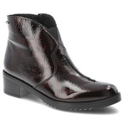 Czerwone Botki Rieker Eleganckie Lakierowane Obuwie Damskie. Czerwone kozaki damskie Rieker, z jeansu, bez obcasa, na obcasie. Za 297.99 zł.