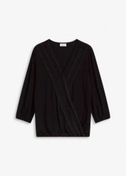 Shirt z rękawami 3/4, koronką i efektem założenia kopertowego. Czarne bluzki damskie bonprix, bez wzorów, z koronki, bez kołnierzyka, bez ramiączek. Za 49.99 zł.