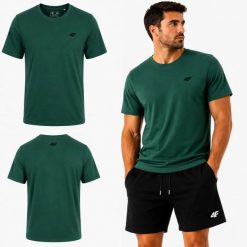 KOSZULKA MĘSKA BAWEŁNIANA 4F T-SHIRT Z KOLEKCJI LIMITOWANEJ M3948 SS26. Zielone koszulki sportowe męskie 4f, m, bez wzorów, z bawełny, bez kołnierzyka, bez ramiączek, na fitness i siłownię. Za 54.99 zł.