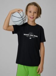 4F Koszulka sportowa szybkoschnąca chłopięca - czarna 146/152 (10-12 lat). Czarne t-shirty dla chłopców 4f, bez wzorów, bez ramiączek. Za 59.99 zł.