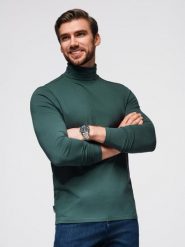 Męski longsleeve gładki z golfem - ciemnozielony V7 - Rozmiar: M. Zielone bluzki z długim rękawem męskie Ombre Clothing, m, bez wzorów, z bawełny, eleganckie, bez kołnierzyka. Za 149.99 zł.