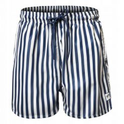 Męskie Spodenki Plażowe (Kąpielowe) - Pako Jeans - Granatowe w Prążek. Niebieskie kąpielówki męskie Pako Jeans, l, bez wzorów, z jeansu, żeglarskie. Za 75.00 zł.