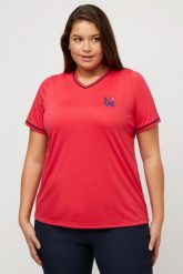 Damskie T-shirt LOVE dekolt w szpic krótki rękaw antybakteryjny. Czerwone t-shirty damskie Ulla Popken, plus size, bez wzorów, z dżerseju, bez kołnierzyka. Za 159.99 zł.