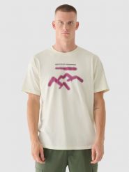 4F T-shirt oversize z nadrukiem męski - beżowy M. Brązowe koszulki sportowe męskie 4f, m, bez wzorów, z bawełny, klasyczne, bez kołnierzyka. W wyprzedaży za 29.99 zł.