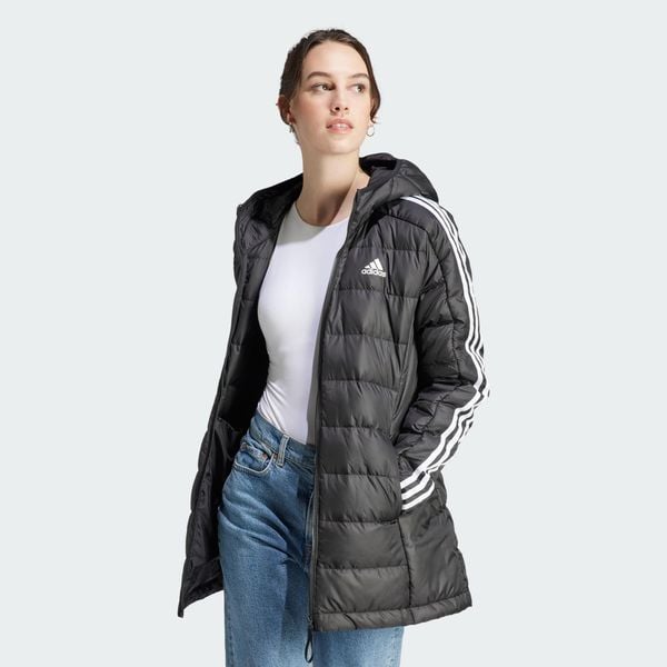 Parka Essentials 3-Stripes Light Down Hooded. Czarne parki damskie Adidas, l, bez wzorów, z puchu, sportowe, bez kaptura. W wyprzedaży za 519.20 zł.